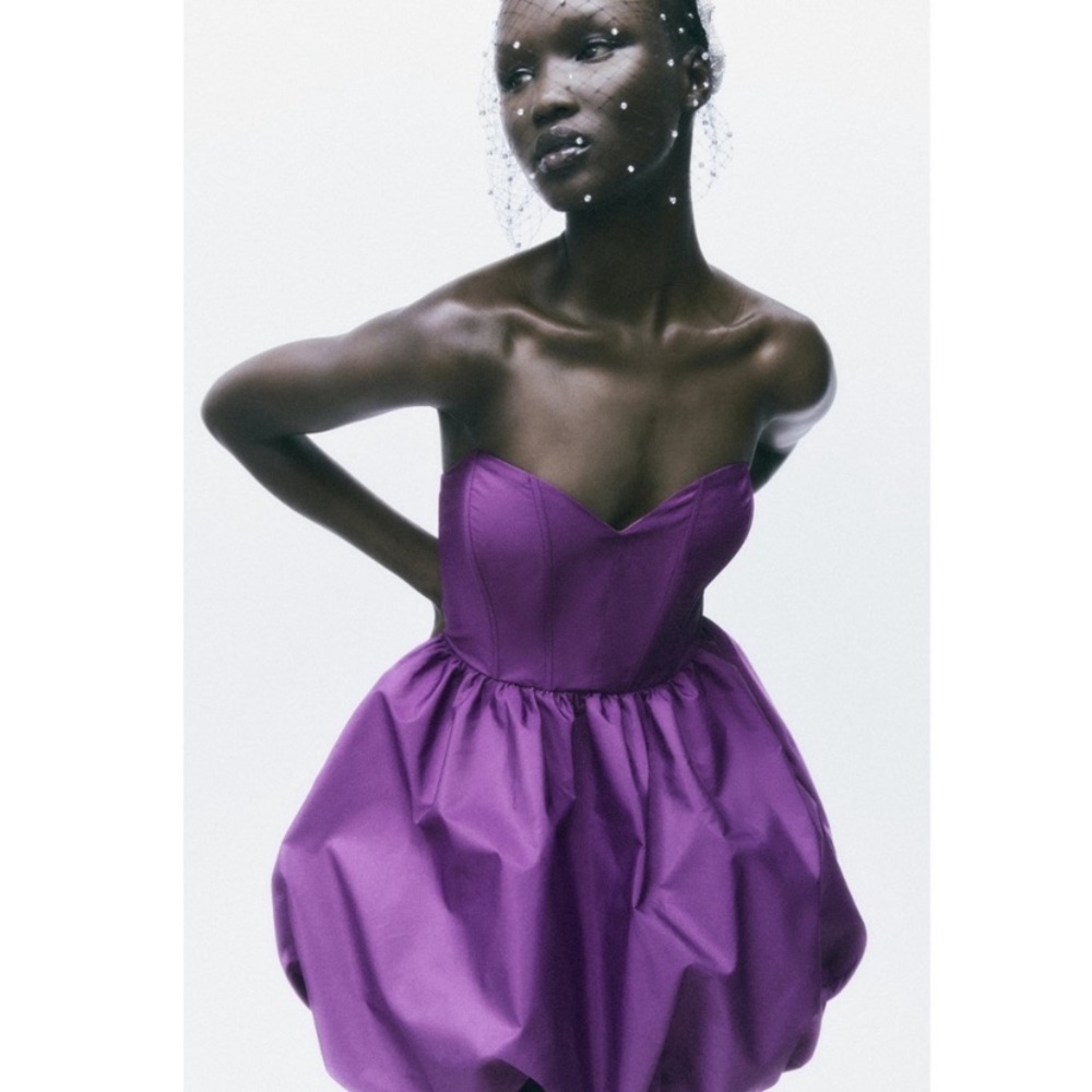 Zara Purple Fit and Flare Strapless Dress